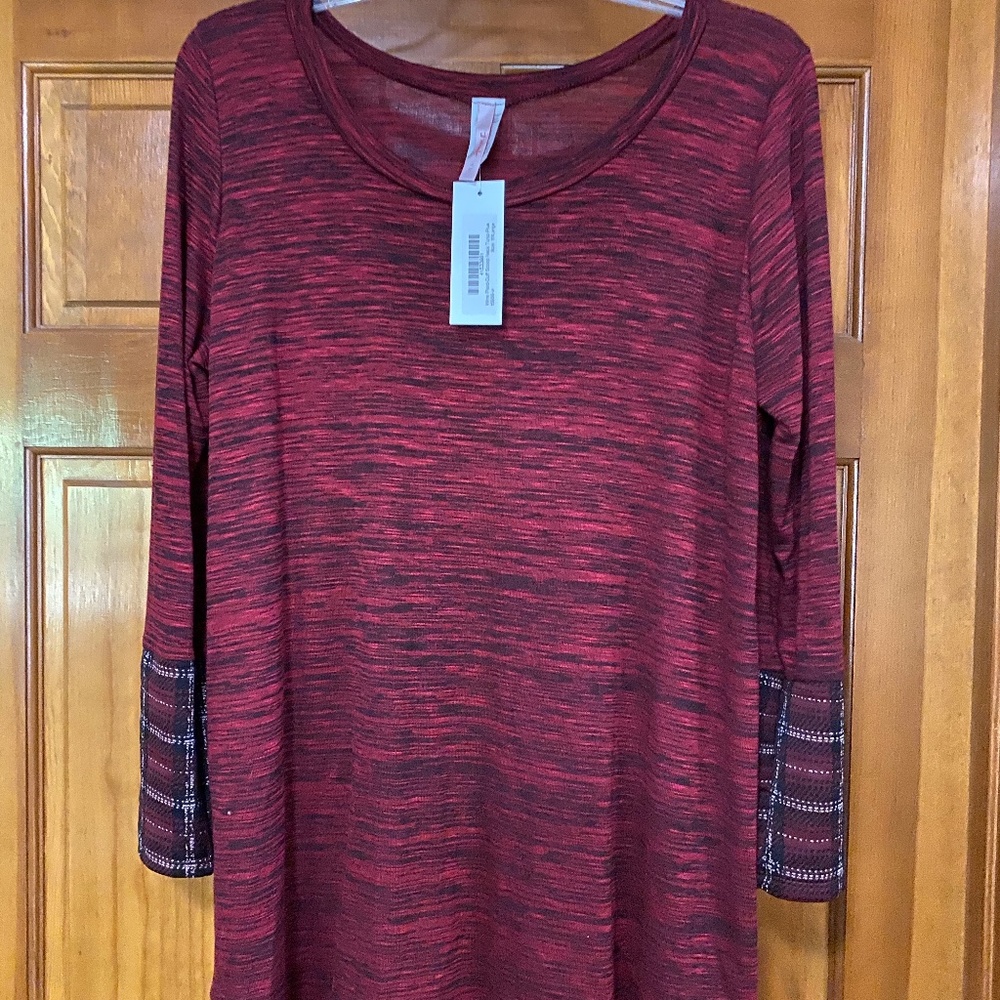 Scooped neck tunic with plaid cuffs